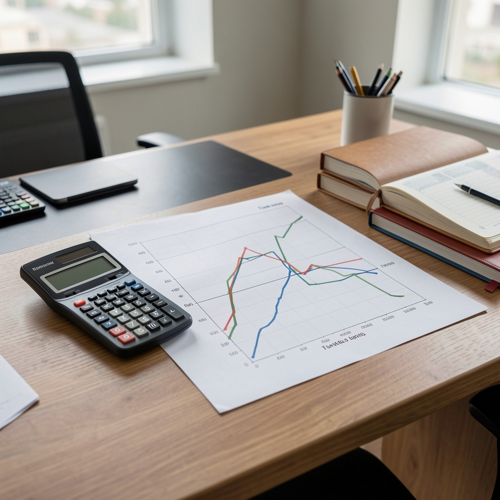 Türk lirası enflasyon eğrisini gösteren kağıt grafik, yanında hesap makinesi ve muhasebe defterleri, analitik ofis masası