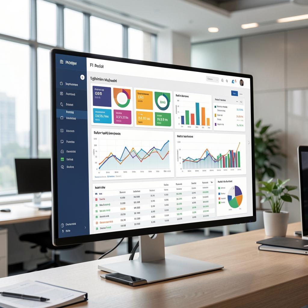 Yönetim muhasebesi KPI dashboard görüntüsü: büyük monitörde renkli performans göstergeleri, bütçe gerçekleşme grafikleri ve nakit akış tabloları, modern finans departmanı